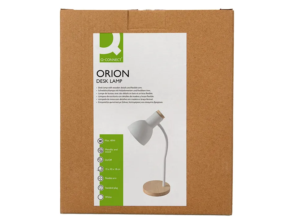 Lampe bureau q-connect orion metal details bois bras flexible coloris blanc
