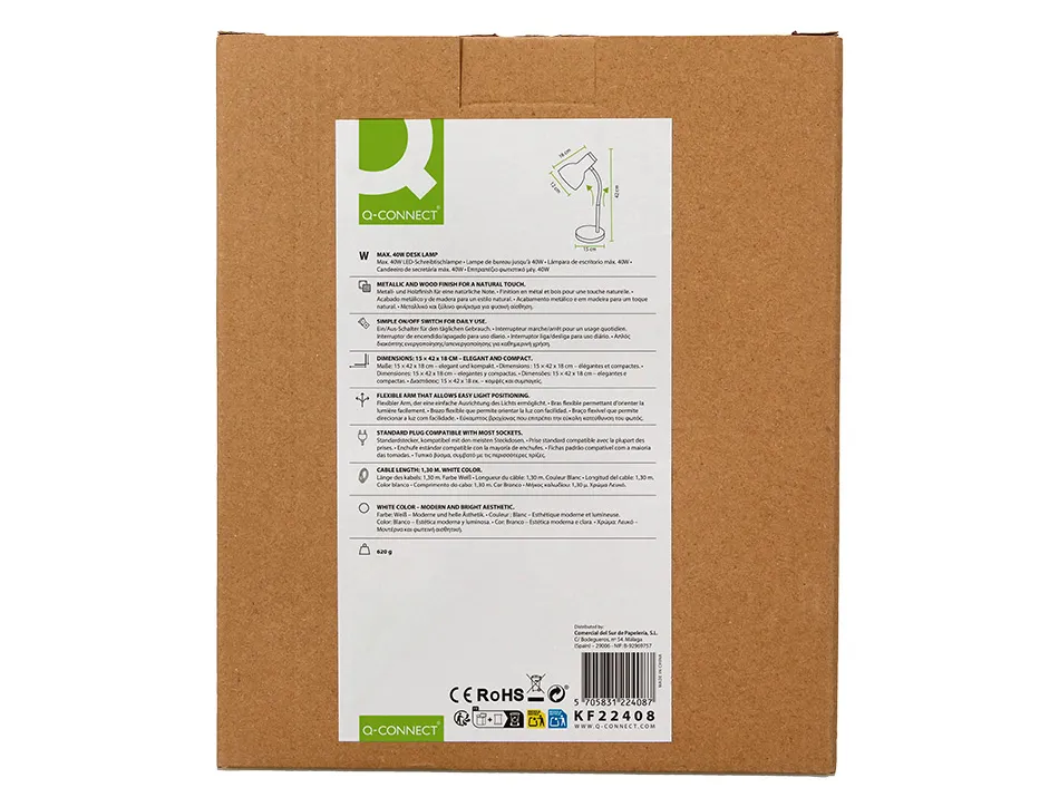Lampe bureau q-connect orion metal details bois bras flexible coloris blanc