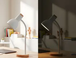 Lampe bureau q-connect orion metal details bois bras flexible coloris blanc