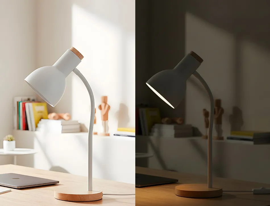 Lampe bureau q-connect orion metal details bois bras flexible coloris blanc