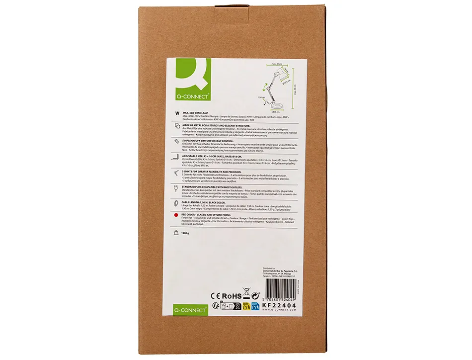 Lampe bureau q-connect polaris puissance 40w dimensions 150x430x160mm coloris rouge