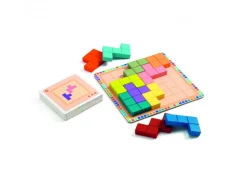 Logique reflexion djeco polyssimo 3 niveaux 11 pieces en bois 30 cartes defis 1 plateau quadrille 1 joueur