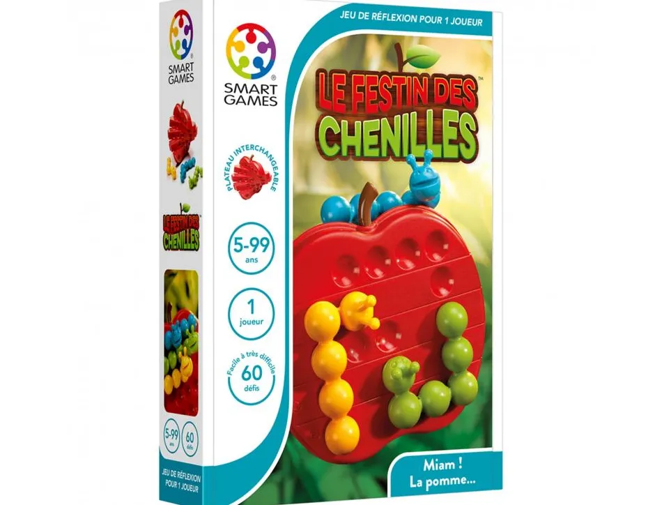 Logique reflexion smart le festin des chenilles 60 defis 1 plateau de jeu 3 chenilles de couleir 1 livret 1 joueur