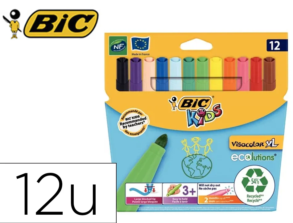 Lot bic visacolor xl 12 pochettes de 12 feutres pointe large dont 2 gratuites coloris assortis