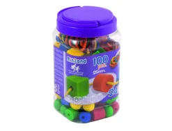 Lot maxi 100 perles plastique miniland 10 lacets 12 fiches 5 formes et coloris assortis