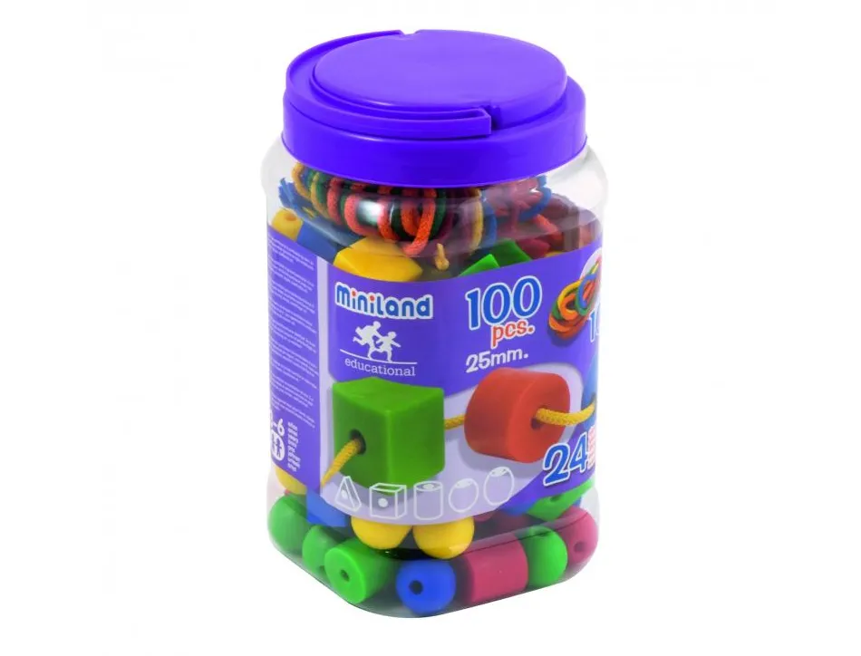Lot maxi 100 perles plastique miniland 10 lacets 12 fiches 5 formes et coloris assortis