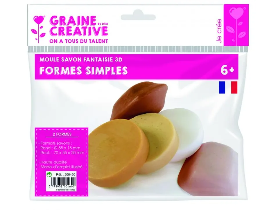 Lot moules savons simples formes graine creative 6x6 cm 2 formes rondes et carrees