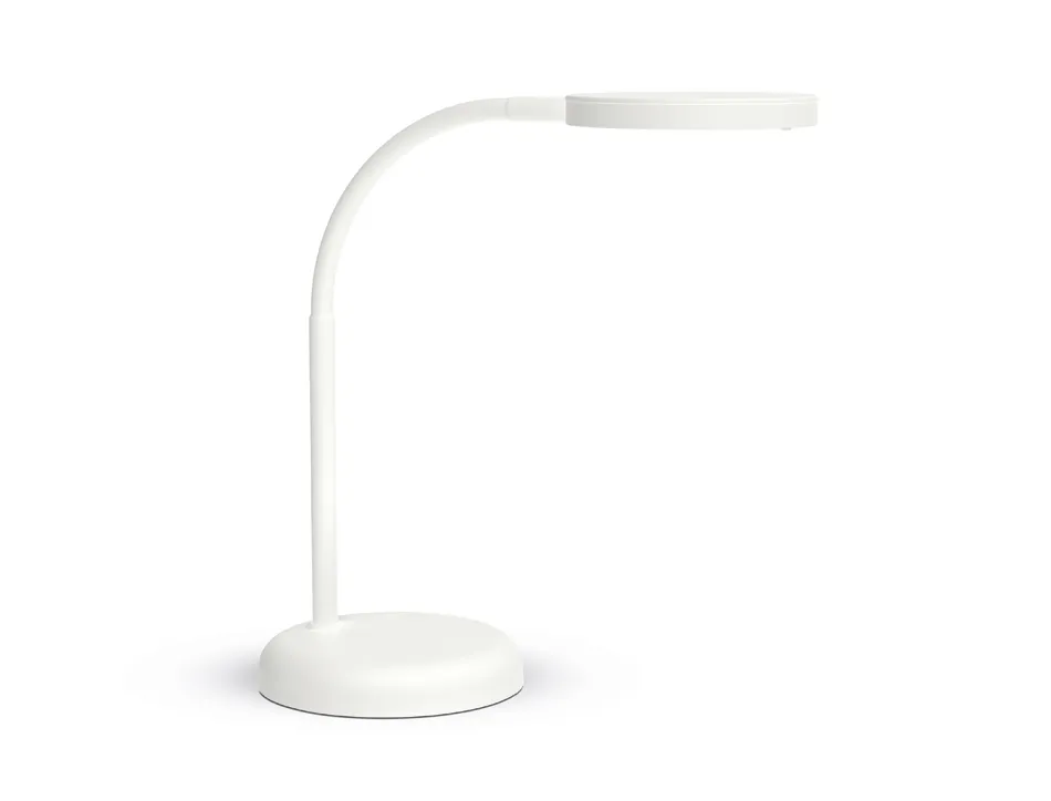 Luminaire bureau led mauljoy hauteur 33,5cm bras 35,8cm tete diametre 11,8cm coloris blanc