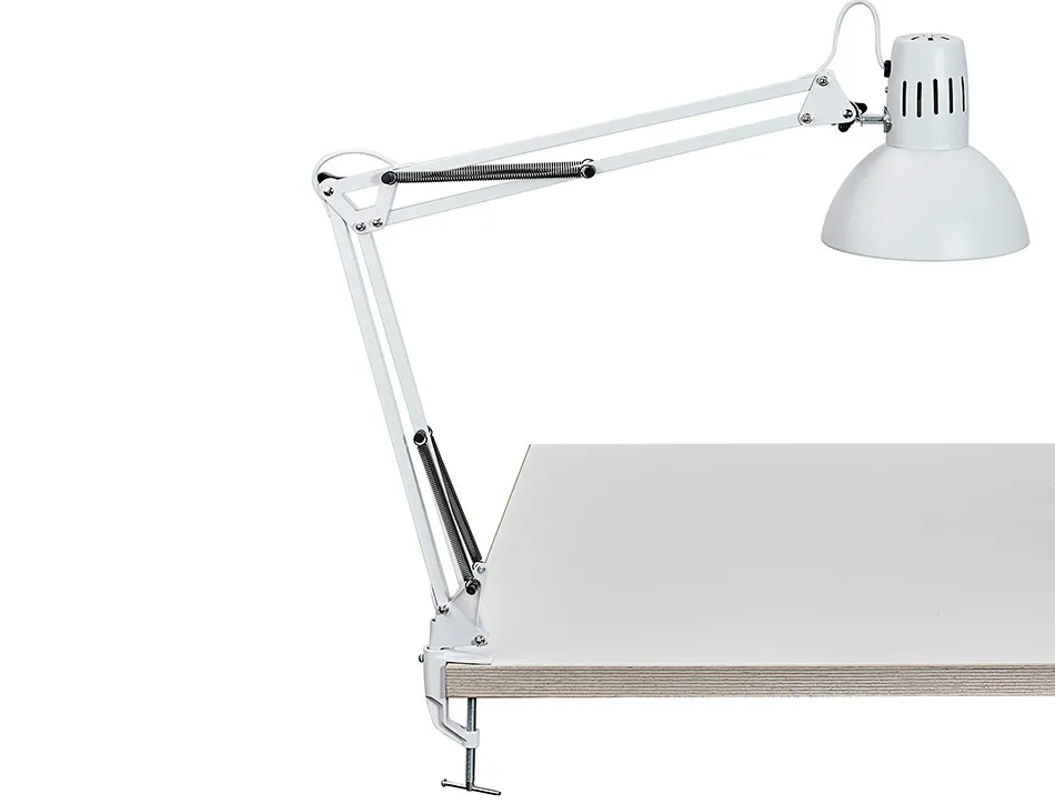 Luminaire bureau maulstudy surpince tete et bras metal hauteur 44cm bras 35cm tete diam. 17cm coloris blanc