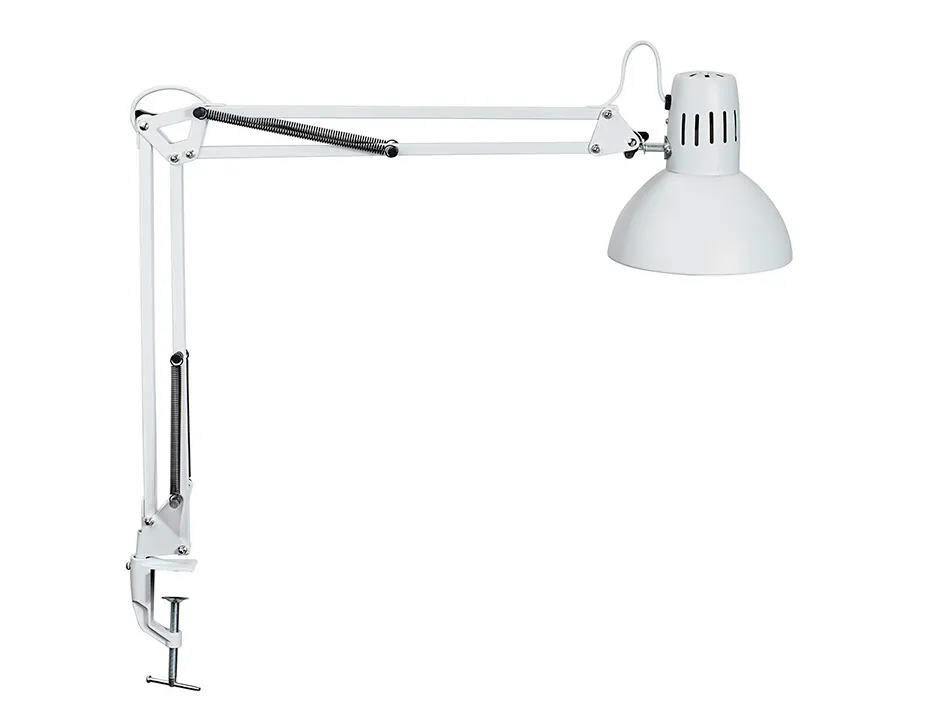 Luminaire bureau maulstudy surpince tete et bras metal hauteur 44cm bras 35cm tete diam. 17cm coloris blanc
