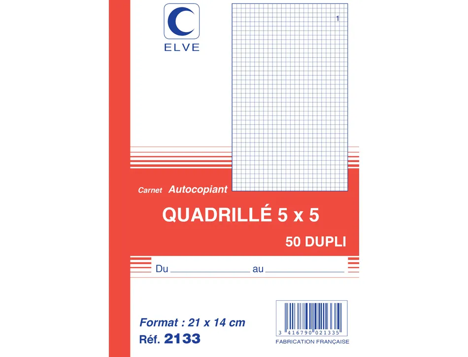 Manifold autocopiant elve 140x210mm quadrillé 5x5 foliotage 50 duplis