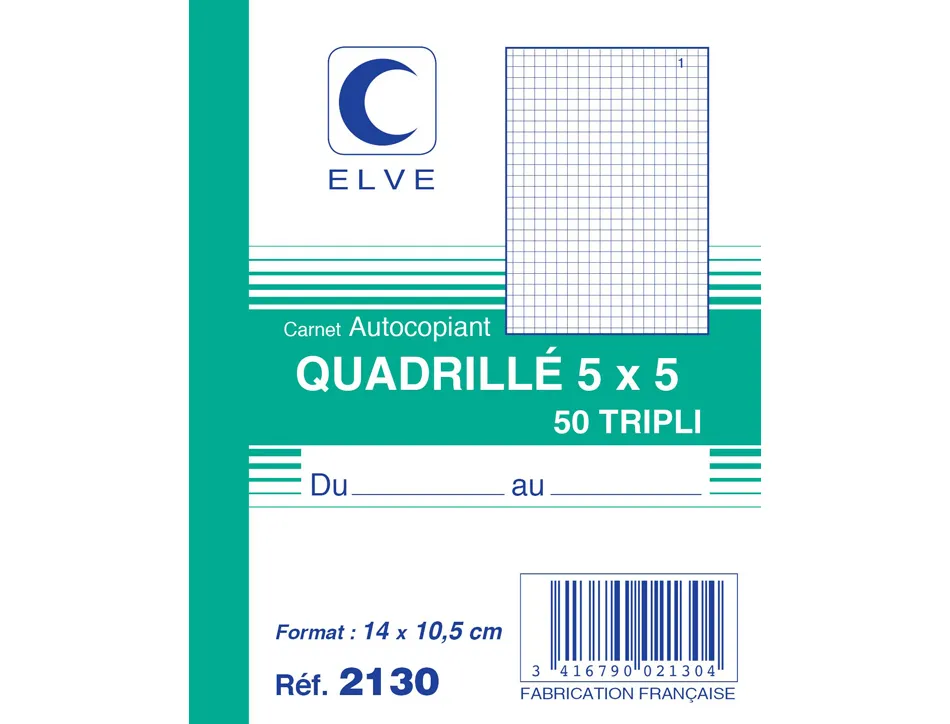 Manifold autocopiant elve 105x148mm quadrillé 5x5 foliotage 50 triplis