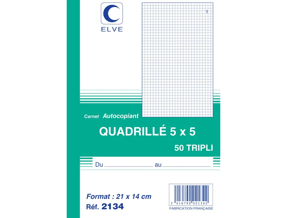Manifold autocopiant elve 140x210mm quadrillé 5x5 foliotage 50 triplis