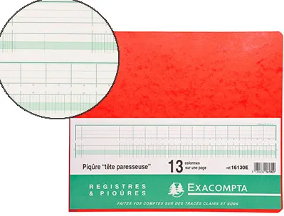 Manifold comptable exacompta piqué tête paresseuse 320x250mm vertical 31 lignes 80 pages 13 colonnes/page