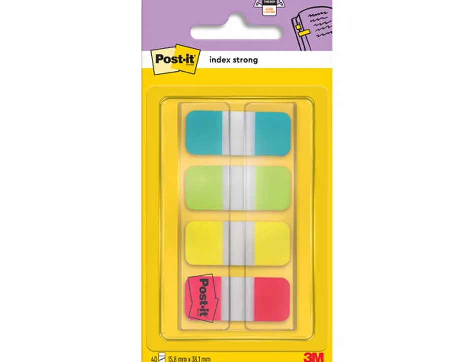 Marque-pages post-it index rigide 15.8x38.1mm coloris vifs bleu vert jaune rouge lot 4x10 unités