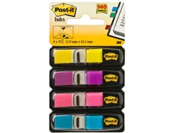 Marque-pages post-it mini index étroit 12x44mm 35f coloris vifs jaune violet rose bleu lot 4 unités