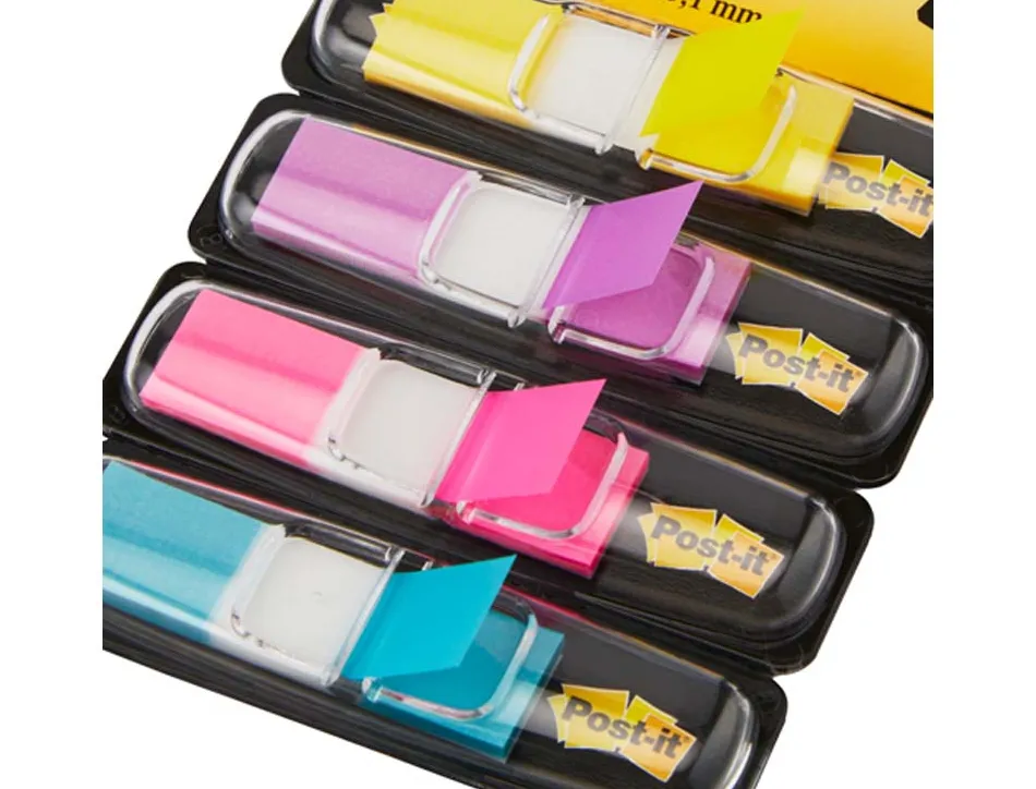 Marque-pages post-it mini index étroit 12x44mm 35f coloris vifs jaune violet rose bleu lot 4 unités