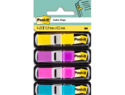 Marque-pages post-it mini index étroit 12x44mm 35f coloris vifs jaune violet rose bleu lot 4 unités