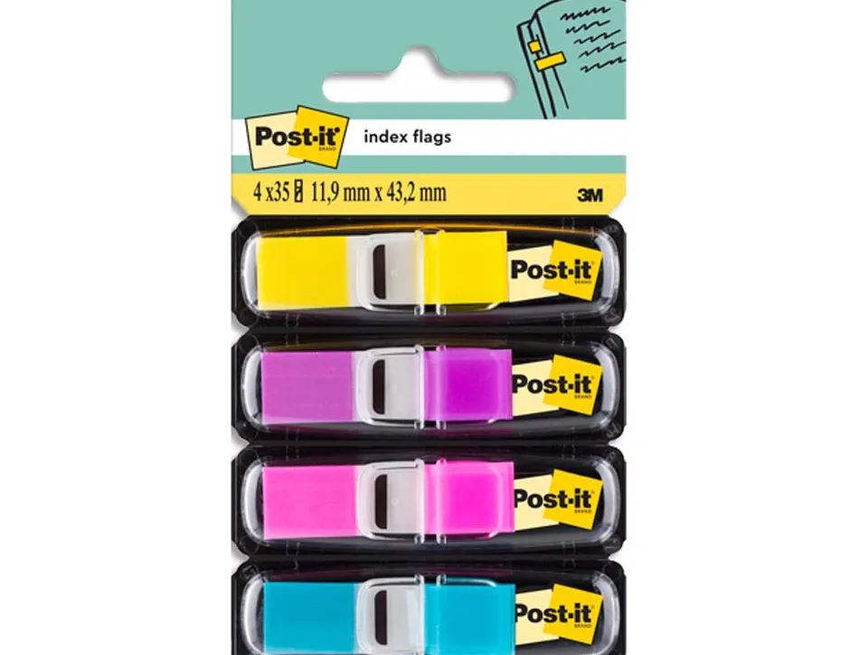 Marque-pages post-it mini index étroit 12x44mm 35f coloris vifs jaune violet rose bleu lot 4 unités