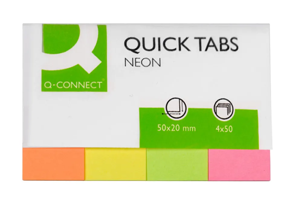 Marque-pages q-connect 20x50mm 200f repositionnable coloris fluorescents pochette 4 blocs 50f