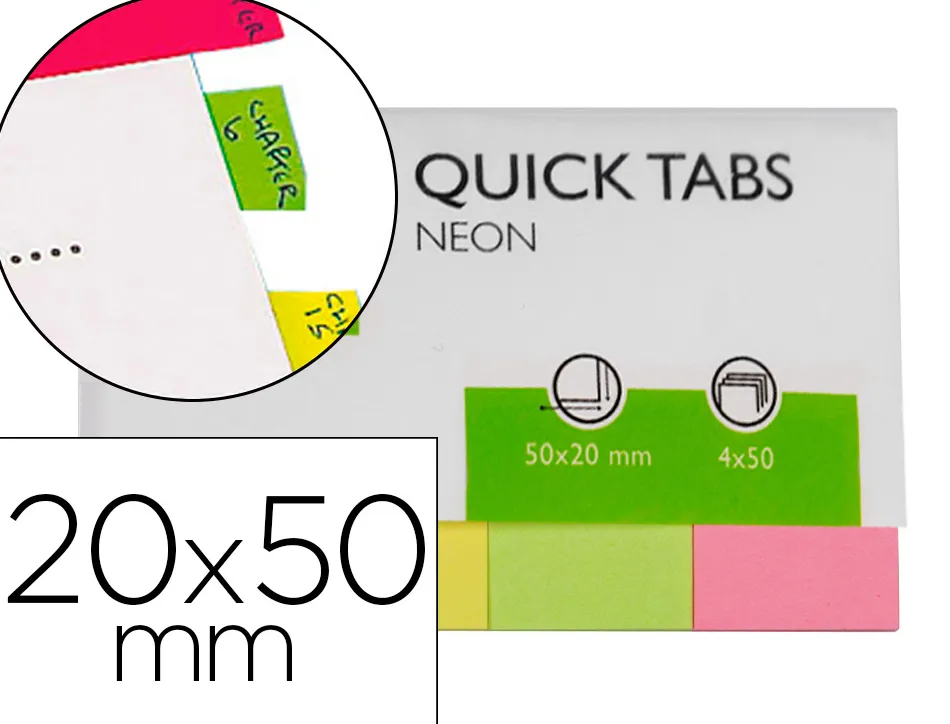 Marque-pages q-connect 20x50mm 200f repositionnable coloris fluorescents pochette 4 blocs 50f