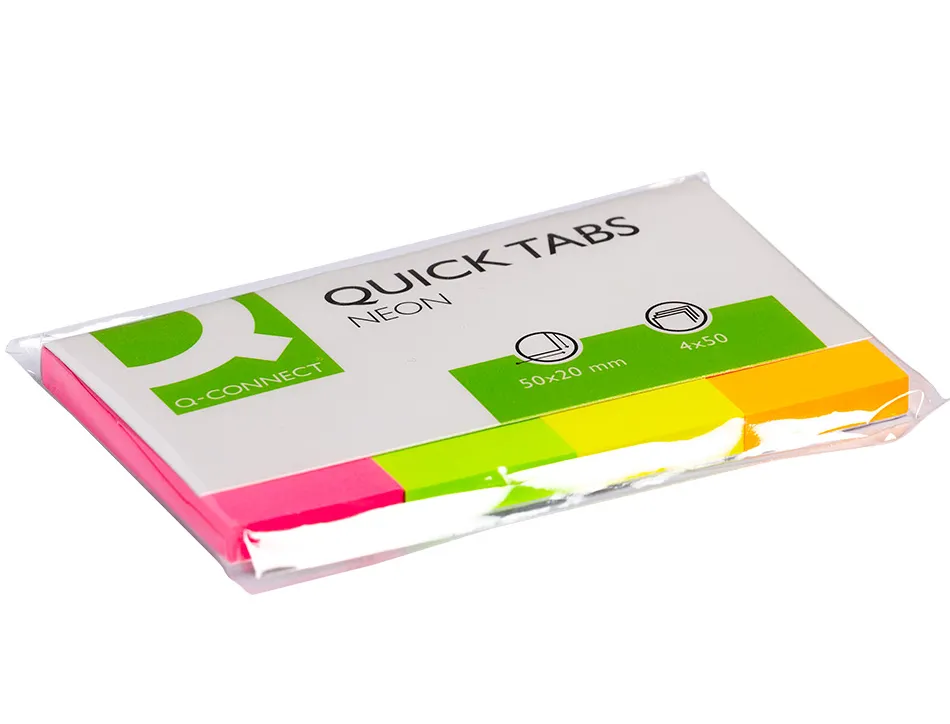 Marque-pages q-connect 20x50mm 200f repositionnable coloris fluorescents pochette 4 blocs 50f