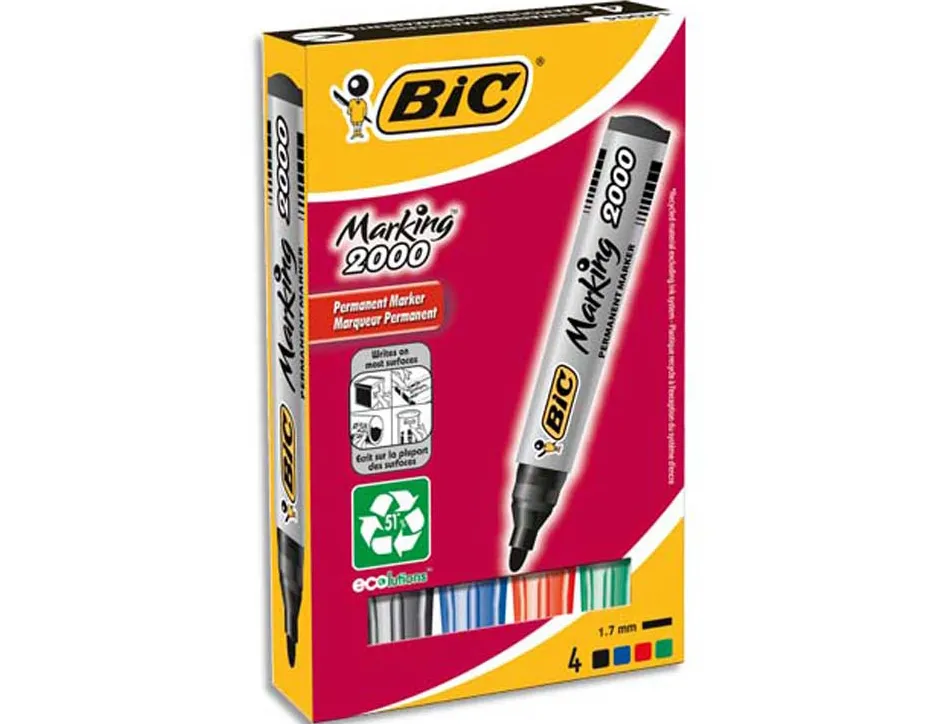 Marqueur bic permanent marking 2000 pointe ogive tracé 2.5mm corps plastique encre base alcool boîte 4 unités