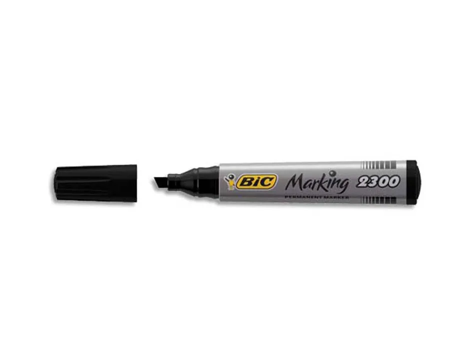 Marqueur bic permanent marking 2300 pointe biseautée tracé 3/5mm corps plastique encre base alcool coloris noir
