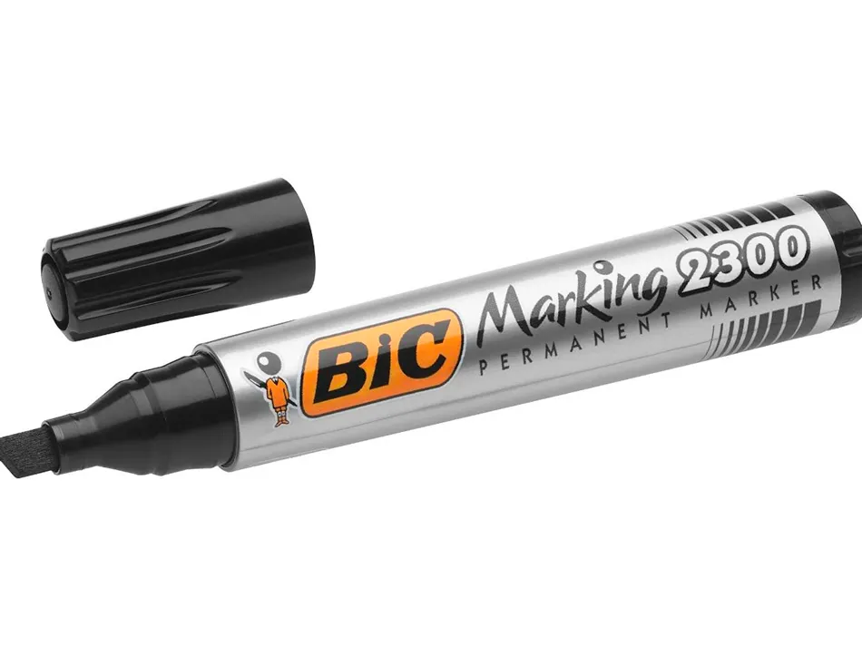 Marqueur bic permanent marking 2300 pointe biseautée tracé 3/5mm corps plastique encre base alcool coloris noir