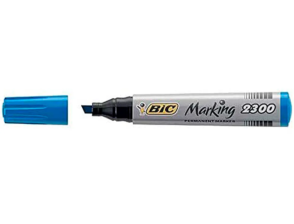 Marqueur bic permanent marking 2300 pointe biseautée tracé 3/5mm corps plastique encre base alcool coloris bleu