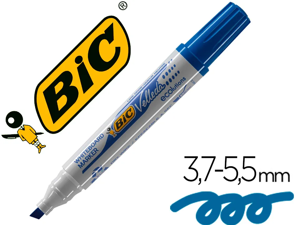 Marqueur bic velleda 1751 effaçable pointe biseautée tracé 2/5mm encre base alcool inodore corps plastique bleu