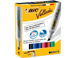 Marqueur bic velleda 1781 effaçable pointe biseautée 2mm écriture 3/5mm encre cétone corps métal coloris assortis 4u