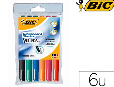 Marqueur bic velleda 1741 effaçable pointe ogive tracé 2mm encre cétone format stylo grande longévité pochette 6 unités