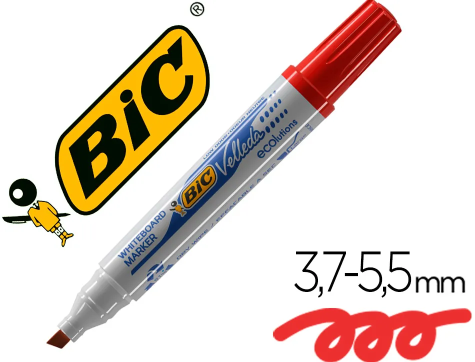 Marqueur bic velleda 1751 effaçable pointe biseautée tracé 2/5mm encre base alcool inodore corps plastique rouge