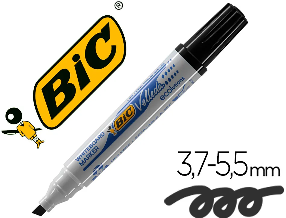 Marqueur bic velleda 1751 effaçable pointe biseautée tracé 2/5mm encre base alcool inodore corps plastique noir