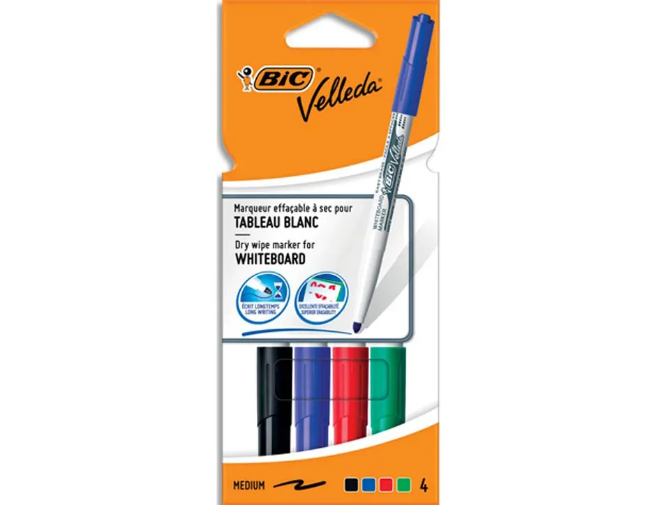 Marqueur bic velleda 1741 effaçable pointe ogive tracé 2mm encre cétone format stylo grande longévité pochette 4 unités