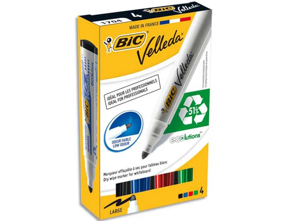 Marqueur bic velleda 1701 effaçable pointe ogive tracé 1.5mm encre base alcool inodore corps plastique boîte 4 unités