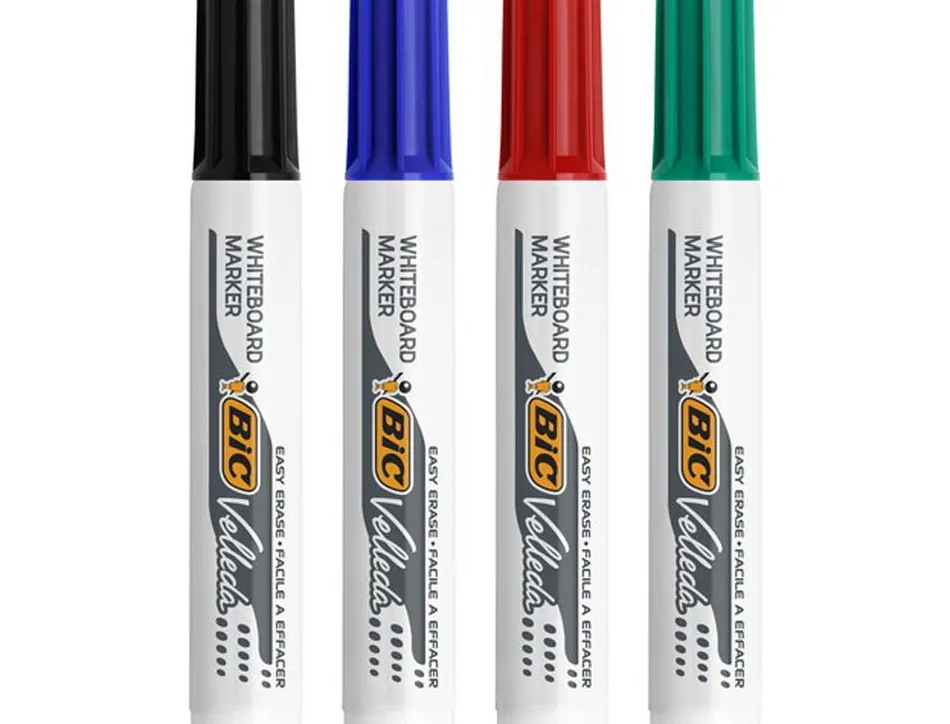 Marqueur bic velleda 1791 effaçable pointe biseautée tracé 2/5mm corps plastique encre cétone boîte 4 unités