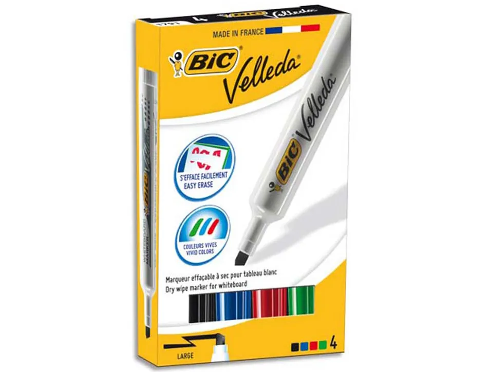 Marqueur bic velleda 1791 effaçable pointe biseautée tracé 2/5mm corps plastique encre cétone boîte 4 unités