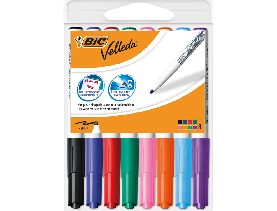 Marqueur bic velleda 1741 effaçable pointe ogive tracé 2mm encre cétone format stylo grande longévité pochette 8 unités
