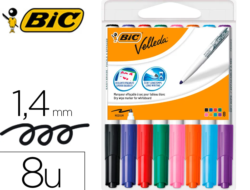 Marqueur bic velleda 1741 effaçable pointe ogive tracé 2mm encre cétone format stylo grande longévité pochette 8 unités