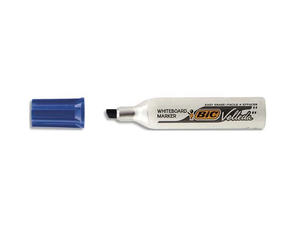 Marqueur bic velleda 1781 effaçable pointe biseautée 2mm écriture 3/5mm encre cétone corps métal capuchon ventilé bleu