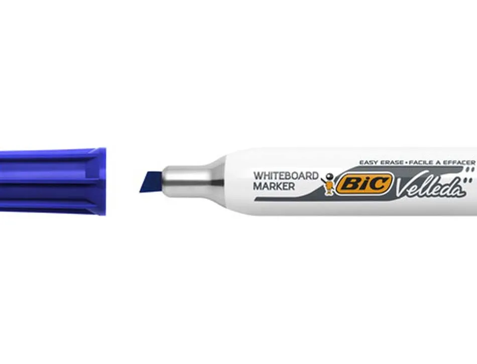 Marqueur bic velleda 1781 effaçable pointe biseautée 2mm écriture 3/5mm encre cétone corps métal capuchon ventilé bleu