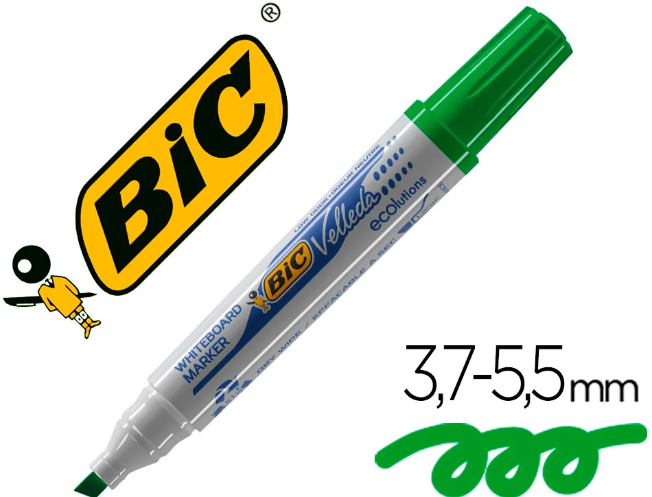 Marqueur bic velleda 1751 effaçable pointe biseautée tracé 2/5mm encre base alcool inodore corps plastique vert