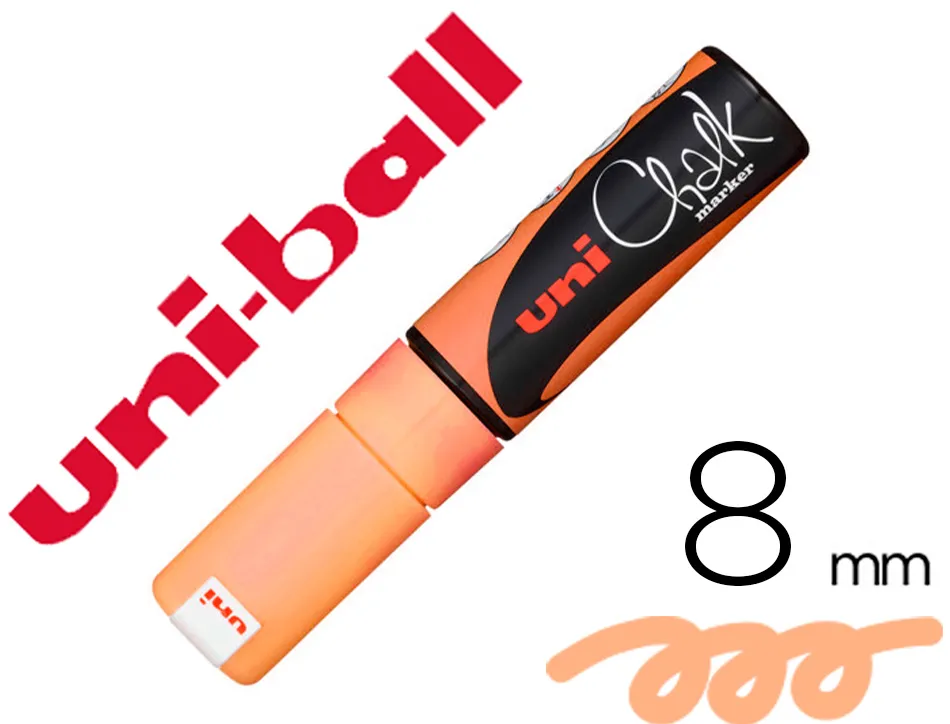 Marqueur craie uniball chalk pointe biseautee large 8mm ideale ardoise vitrine resiste pluie coloris orange fluo