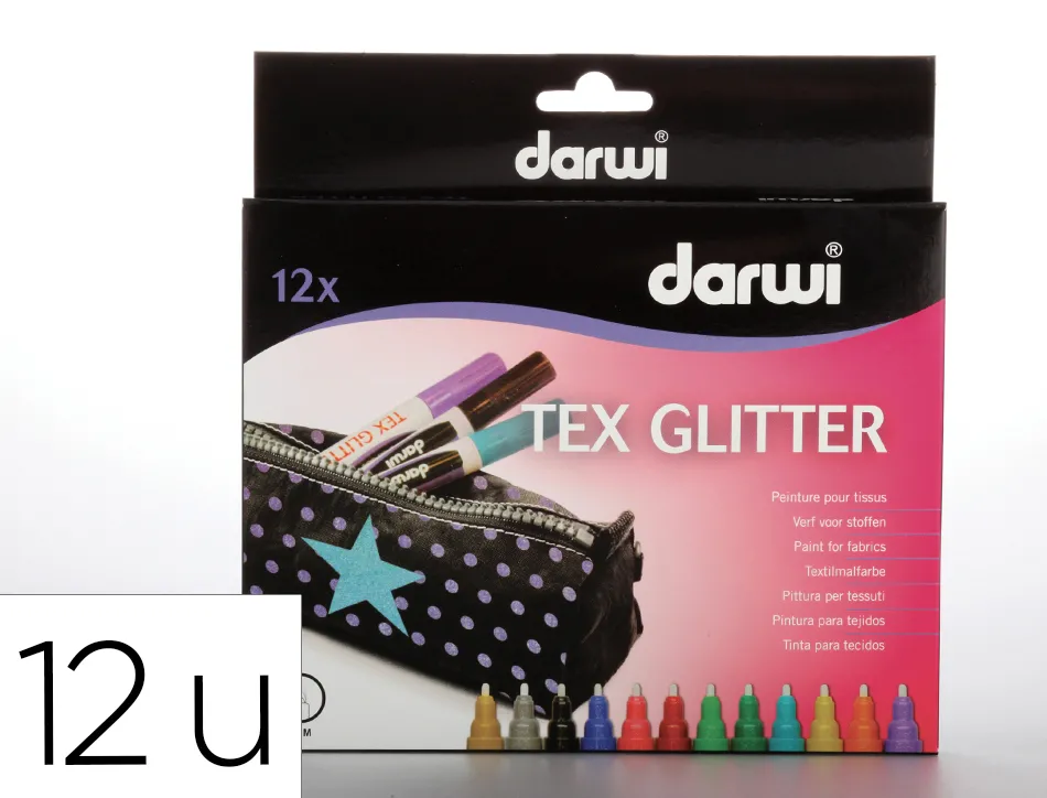 Marqueur darwi tex glitter pour tissus pointe 2mm coloris assortis set 12 unites