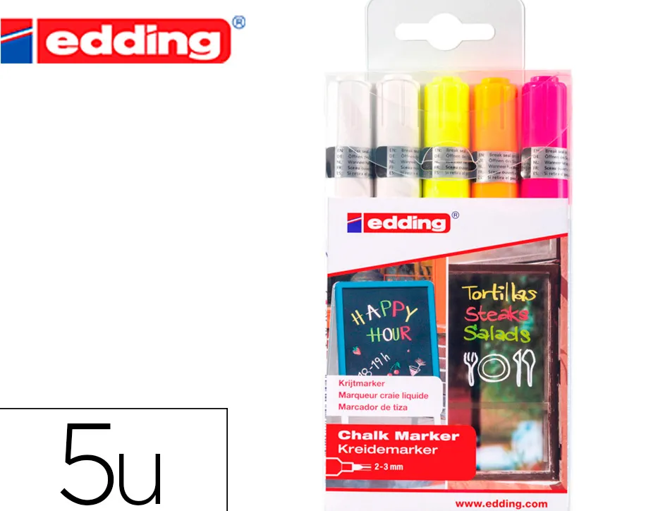 Marqueur edding craie liquide e4095 fenêtre ardoise verre pointe ogive 2 á 3mm assortis fluor pochette 5 unités
