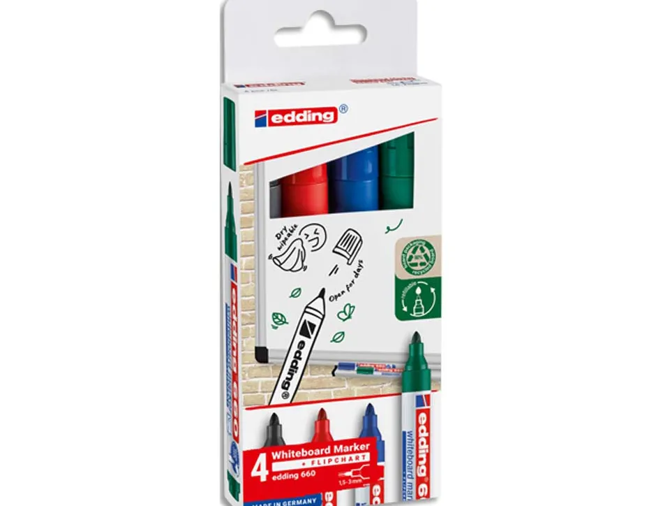 Marqueur edding e660 tableau blanc rechargeable pointe ogive tracé 1.5/3mm encre cap-off non toxique pochette 4 unités