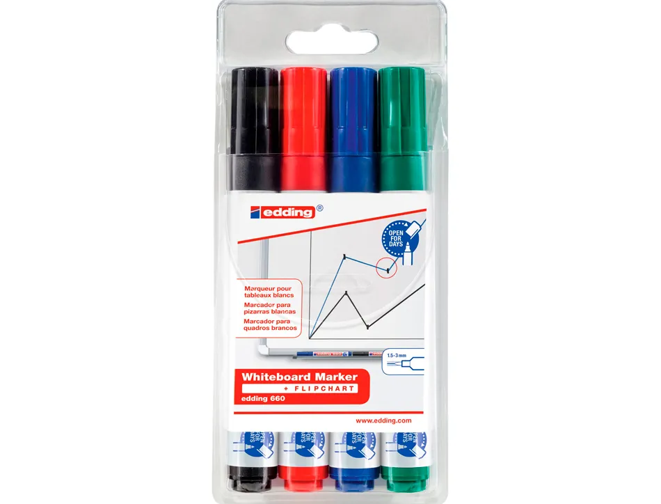Marqueur edding e660 tableau blanc rechargeable pointe ogive tracé 1.5/3mm encre cap-off non toxique pochette 4 unités