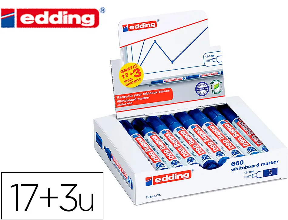 Marqueur edding e-660 tableaux blancs effacable a sec pointe moyenne trace 1,5/3mm bleu pack 17 + 3